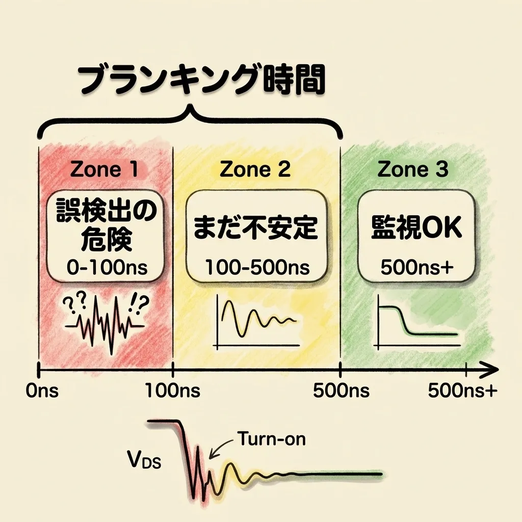 ブランキング時間の決め方。ターンオン直後の0〜100nsは誤検出の危険、100〜500nsはまだ不安定、500ns以降は監視してよい