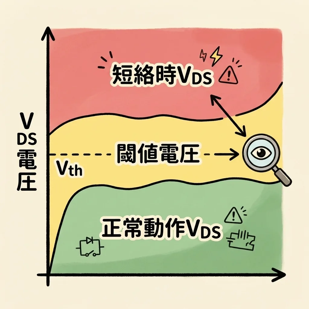 デサチュレーション検出のしきい値電圧。正常動作のVDSと短絡時のVDSの間にしきい値を置いて監視する