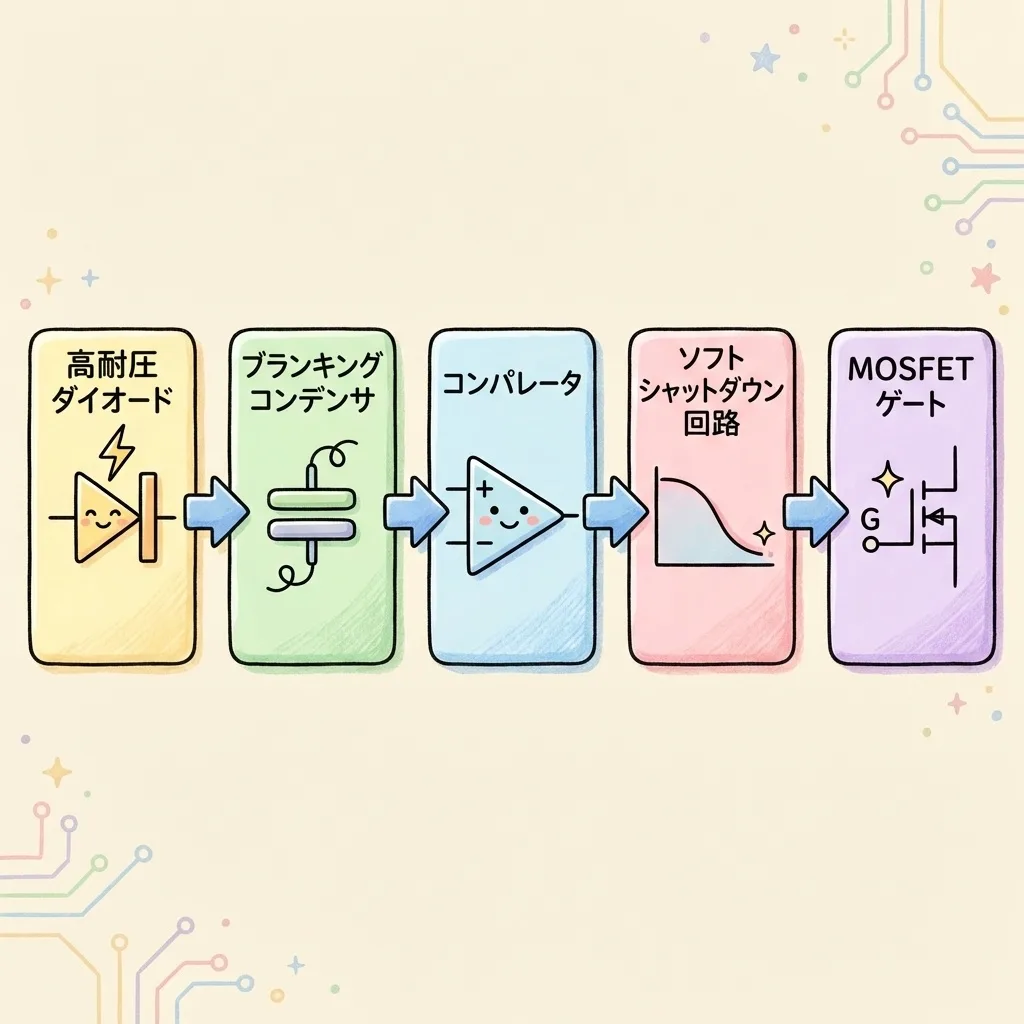 デサチュレーション検出の流れ。高耐圧ダイオード、ブランキングコンデンサ、コンパレータ、ソフトシャットダウン回路、MOSFETのゲートの順