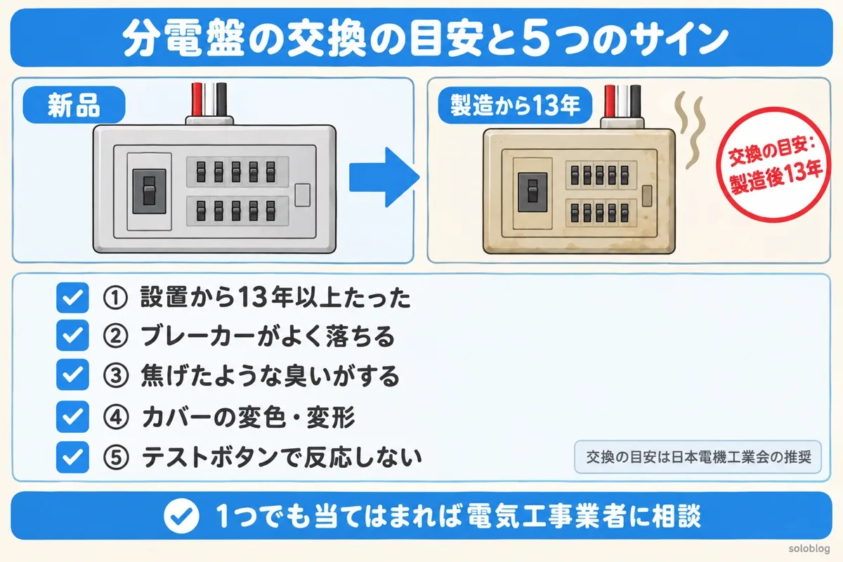 分電盤の交換の目安の図。新品と製造から13年たった分電盤の比較と、交換を考える5つのサイン(13年以上・よく落ちる・焦げ臭い・カバーの変色や変形・テストボタンで反応しない)