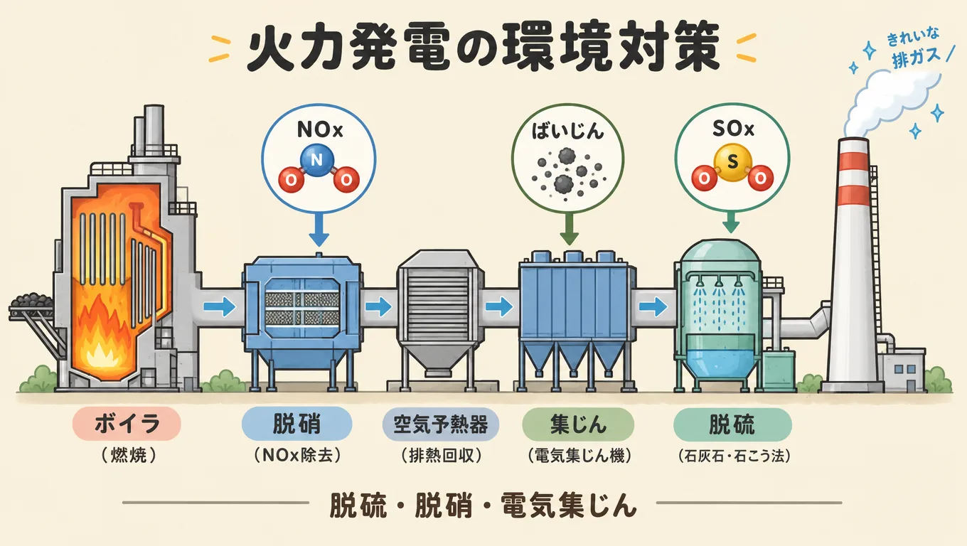 火力発電の環境対策。脱硫・脱硝・電気集じん器の仕組みと順番
