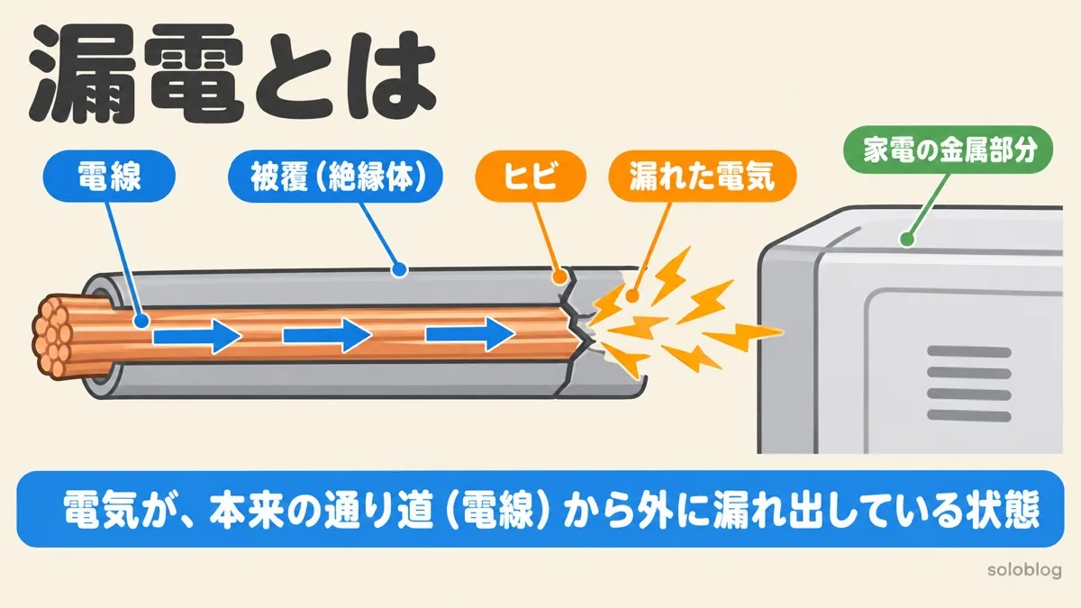 漏電の図。電線の被覆（絶縁体）にヒビが入り、本来の通り道である電線から外へ電気が漏れ出して、家電の金属部分に伝わっている
