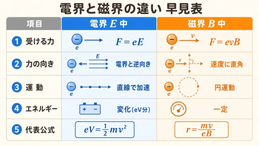 電界中と磁界中の電子の違いの早見表。受ける力・力の向き・運動・エネルギー・代表公式