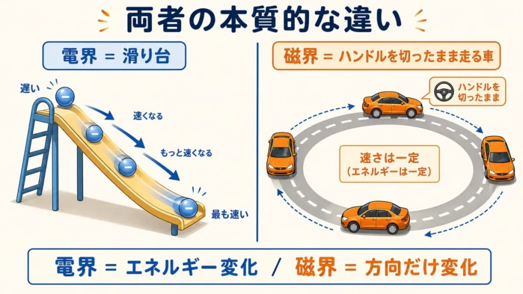 電界と磁界の中の電子の違い。電界は滑り台のように速さを変え(エネルギーが変わる)、磁界はハンドルを切ったまま走る車のように向きだけを変える