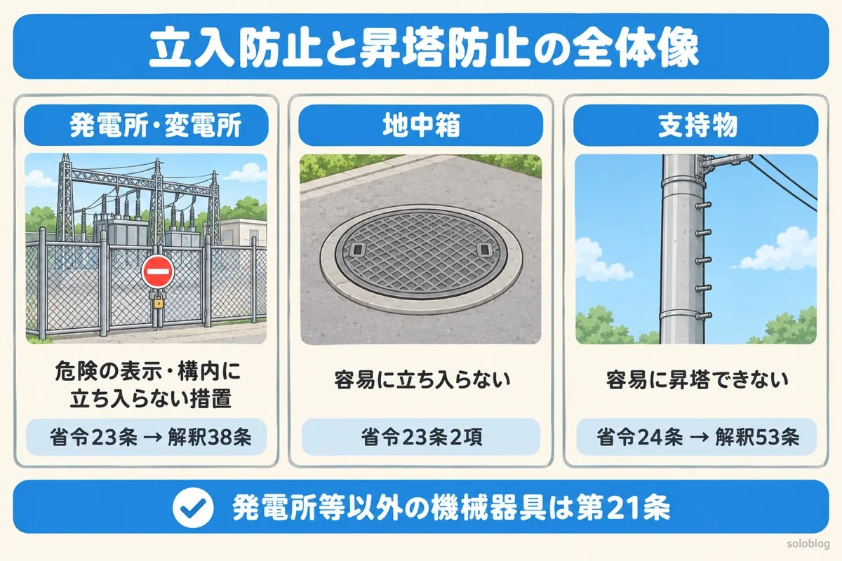 立入防止と昇塔防止の全体像の図。発電所・変電所は危険の表示と構内に立ち入らない措置（省令23条・解釈38条）、地中箱は容易に立ち入らない（省令23条2項）、支持物は容易に昇塔できない（省令24条・解釈53条）
