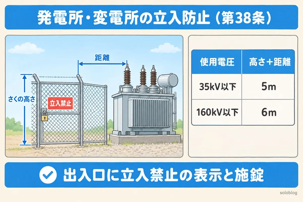 発電所・変電所の立入防止の図。さく・へいを設け、特別高圧ではさくの高さと充電部分までの距離の和を35kV以下5m、160kV以下6m以上にし、出入口に立入禁止の表示と施錠をする