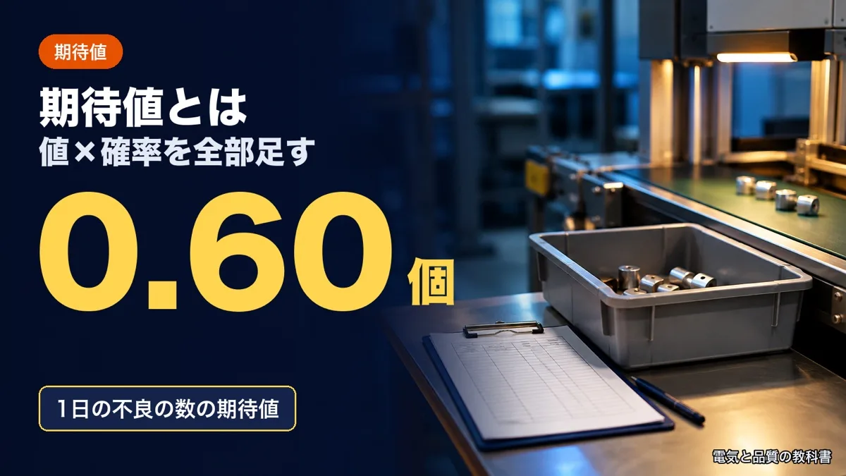 期待値の記事のアイキャッチ。コンベヤーの端の不良品の箱と点検表のクリップボードの写真に「期待値とは 0.60個」の文字