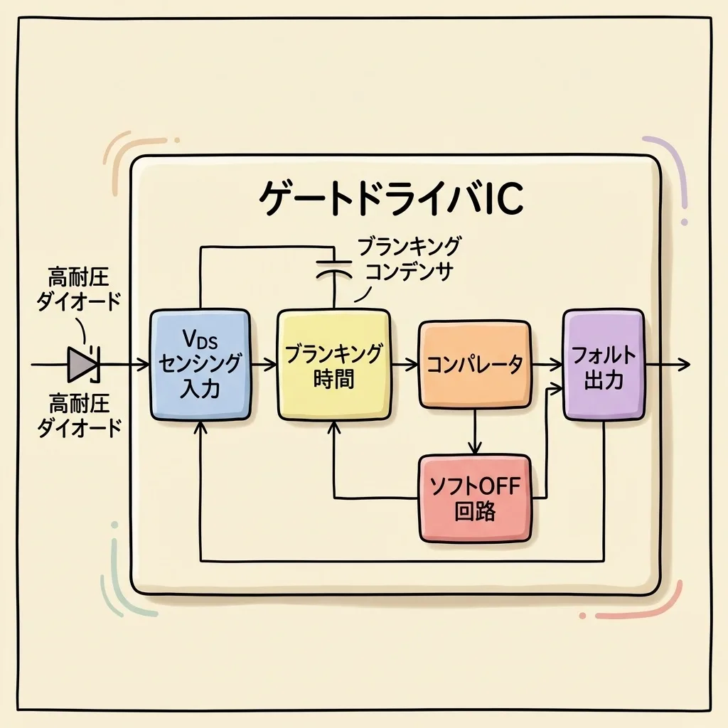 デサチュレーション保護を内蔵したゲートドライバICのブロック図。VDSセンシング入力・ブランキング時間・コンパレータ・ソフトOFF回路・フォルト出力