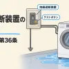 地絡遮断装置の施設を表すアイキャッチ。漏電遮断器と、そこから電気を受ける金属製外箱の洗濯機