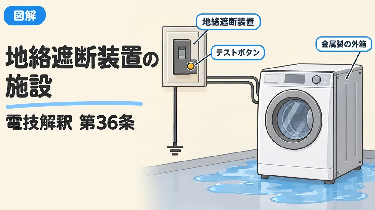 地絡遮断装置の施設を表すアイキャッチ。漏電遮断器と、そこから電気を受ける金属製外箱の洗濯機