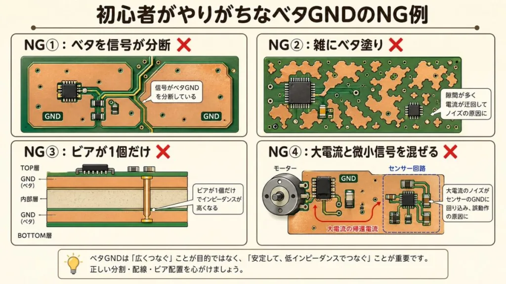 初心者がやりがちなベタGNDのNG例。信号でベタを分断、雑なベタ塗り、ビアが1個だけ、大電流と微小信号を混ぜる