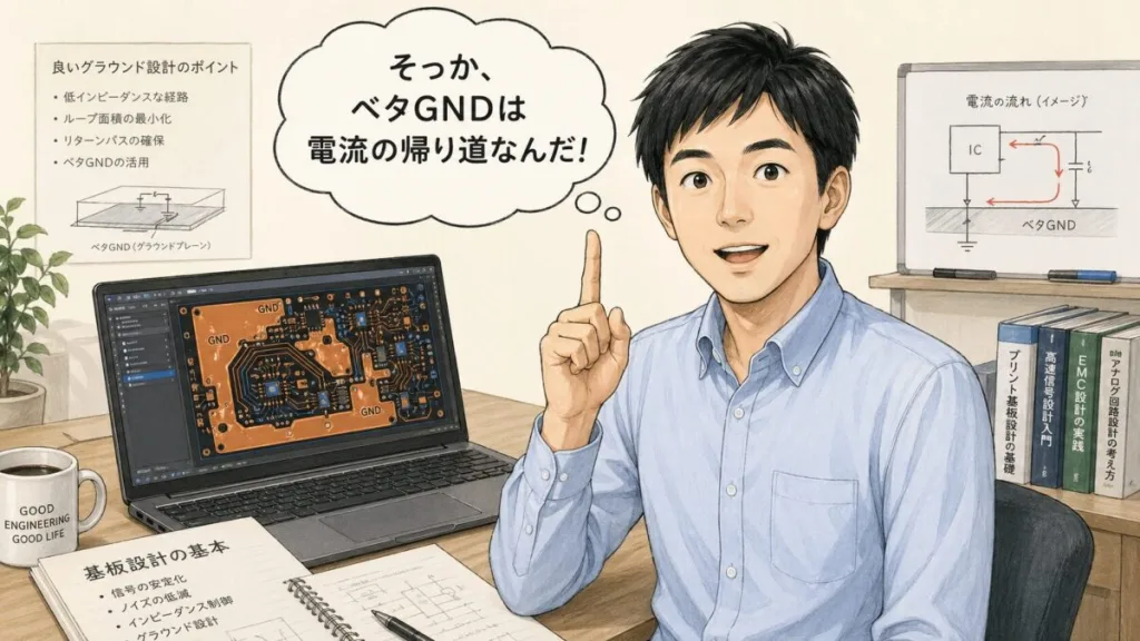 ベタGNDは電流の帰り道だと気づく技術者のイラスト(まとめの図)