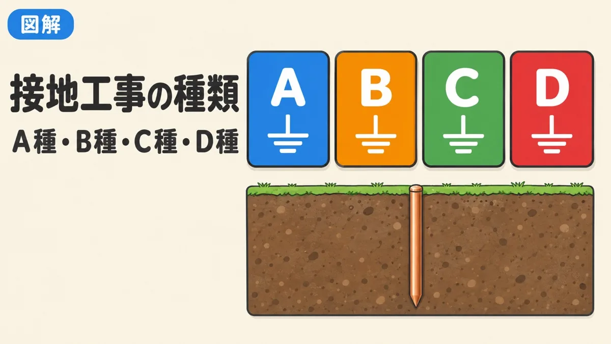 接地工事の種類を表すアイキャッチ。A種・B種・C種・D種の4つの接地工事