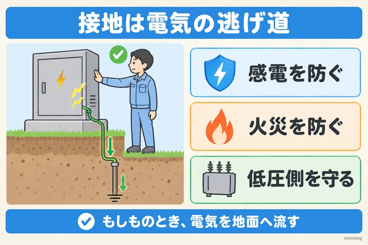 接地工事の役割の図。機器の外箱から漏れた電気を接地線で地面へ流し、感電を防ぐ、火災を防ぐ、低圧側を守る