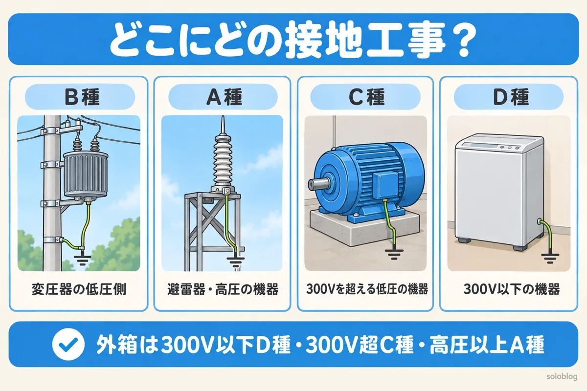 接地工事を施す場所の図。B種は変圧器の低圧側、A種は避雷器や高圧の機器、C種は300Vを超える低圧の機器、D種は300V以下の機器