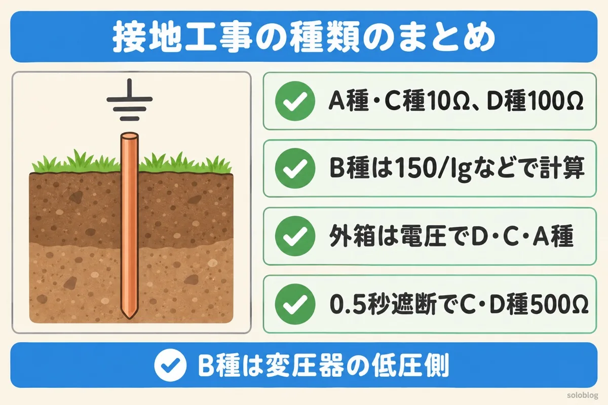 接地工事の種類のまとめの図。A種とC種は10Ω、D種は100Ω、B種は150/Igなどで計算、外箱は電圧でD種・C種・A種、0.5秒以内の遮断でC種とD種は500Ω