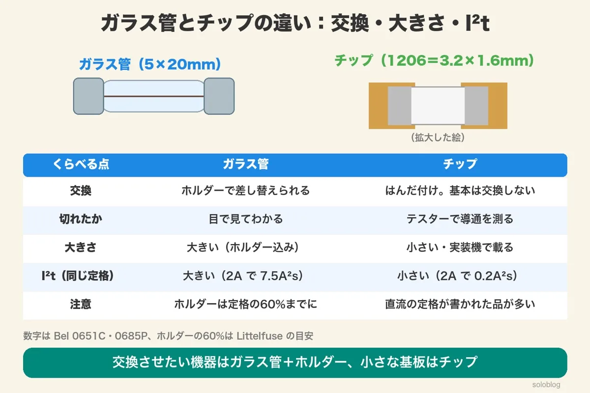 5×20mmのガラス管ヒューズと1206のチップヒューズの絵と比較表。交換(ホルダーで差し替え/はんだ付け)、切れたか(目で見る/テスター)、大きさ、2AのI²t(7.5A²s/0.2A²s)、注意(ホルダーは60%まで/直流の定格が書かれた品が多い)