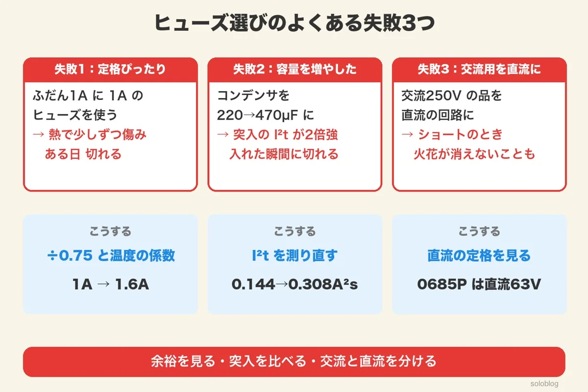 3枚のカード。ふだん1Aに1Aのヒューズはある日切れる(÷0.75と温度の係数で1.6A)、コンデンサを220→470µFにすると突入のI²tが2倍強(0.144→0.308A²s)、交流250Vの品を直流に使うと火花が消えないことも(0685Pは直流63V)