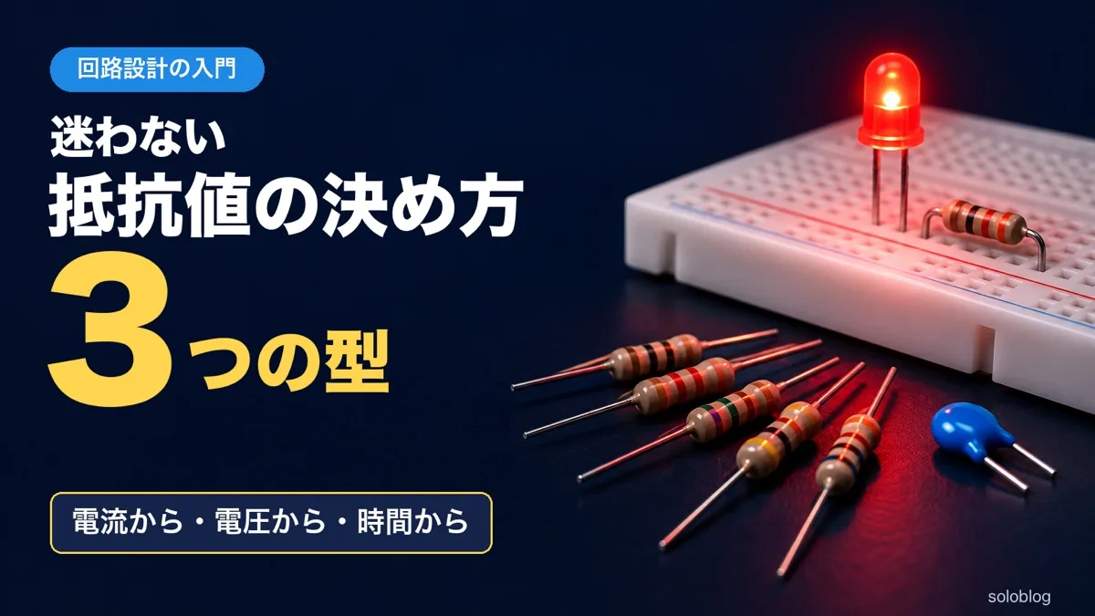 ブレッドボードで光る赤いLEDと、手前に並べたカラーコードの抵抗とセラミックコンデンサの写真に、迷わない抵抗値の決め方・3つの型・電流から・電圧から・時間からの文字