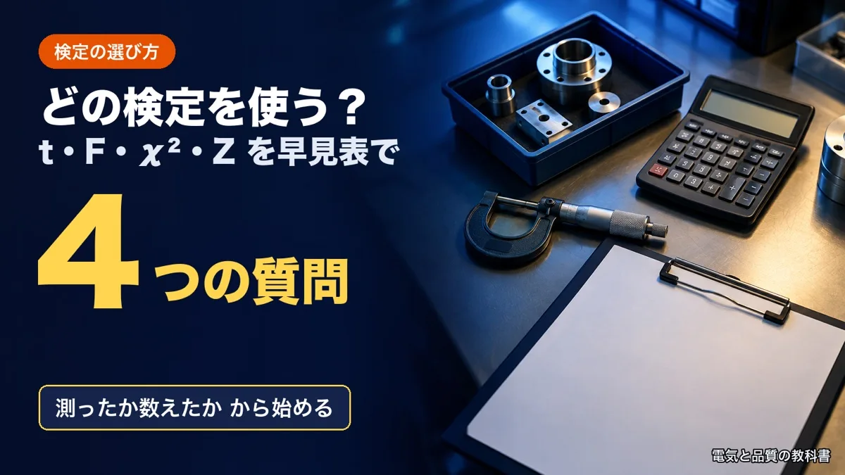 検定の選び方の記事のアイキャッチ。品質管理の机の上のクリップボード・電卓・マイクロメータ・部品の写真に「どの検定を使う？ 4つの質問」の文字