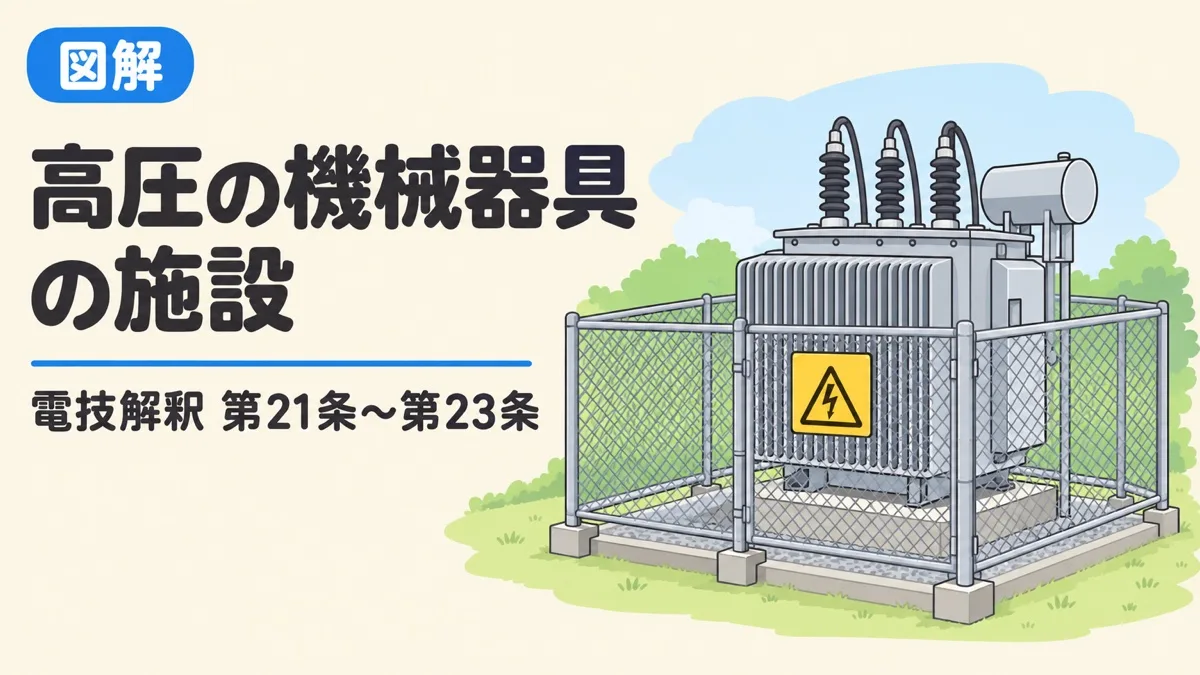 高圧の機械器具の施設を表すアイキャッチ。さくで囲まれた変圧器と危険の表示
