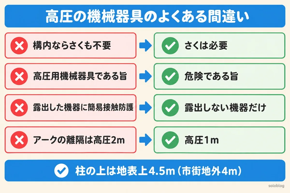 高圧の機械器具のよくある間違いの図。工場の構内でもさくは必要、表示は危険である旨、簡易接触防護措置は充電部分が露出しない機器だけ、アークの離隔は高圧1m
