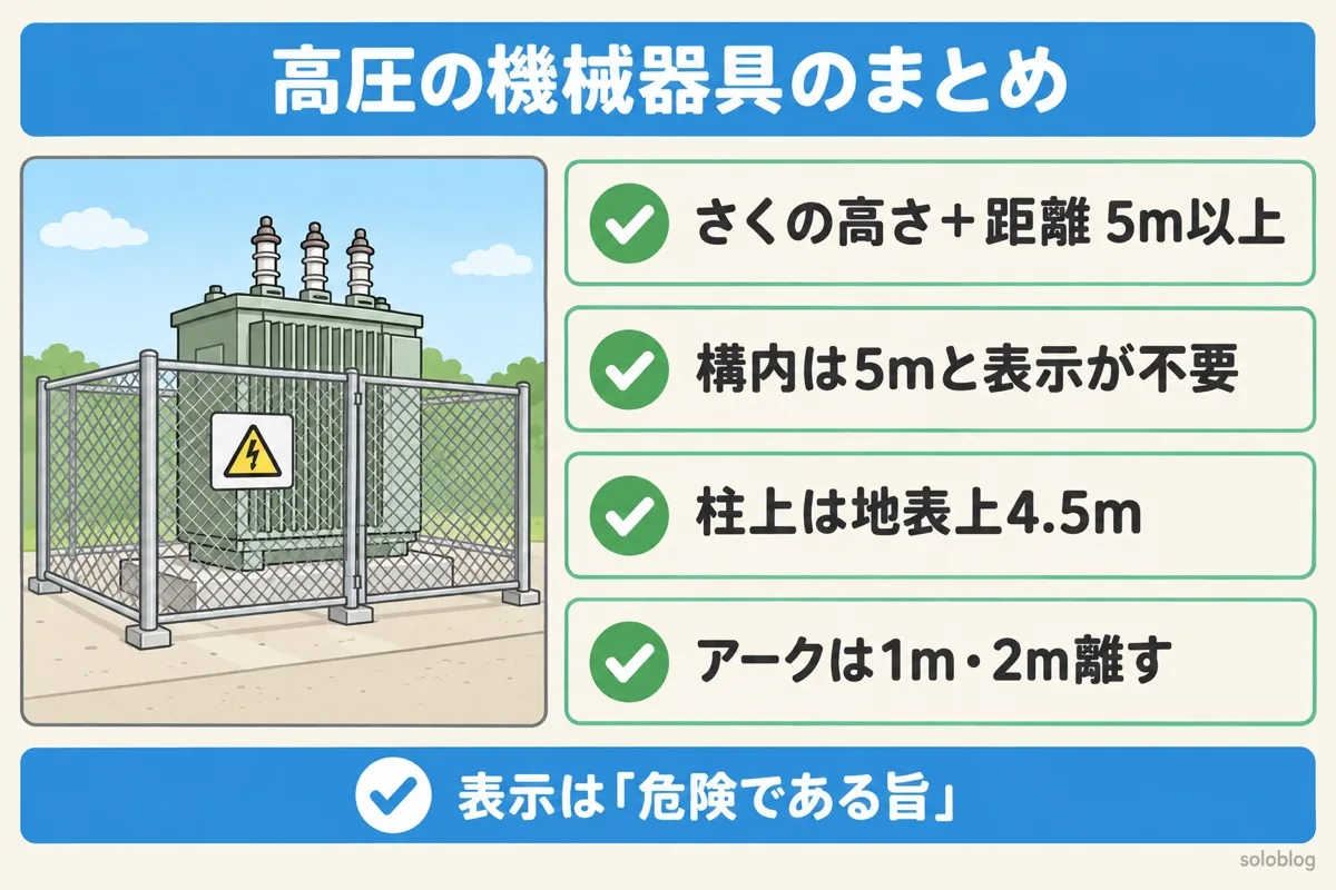 高圧の機械器具のまとめの図。さくの高さと距離の和は5m以上、工場等の構内は5mと表示が不要、柱上は地表上4.5m、アークを生じる器具は高圧1m・特別高圧2m離す