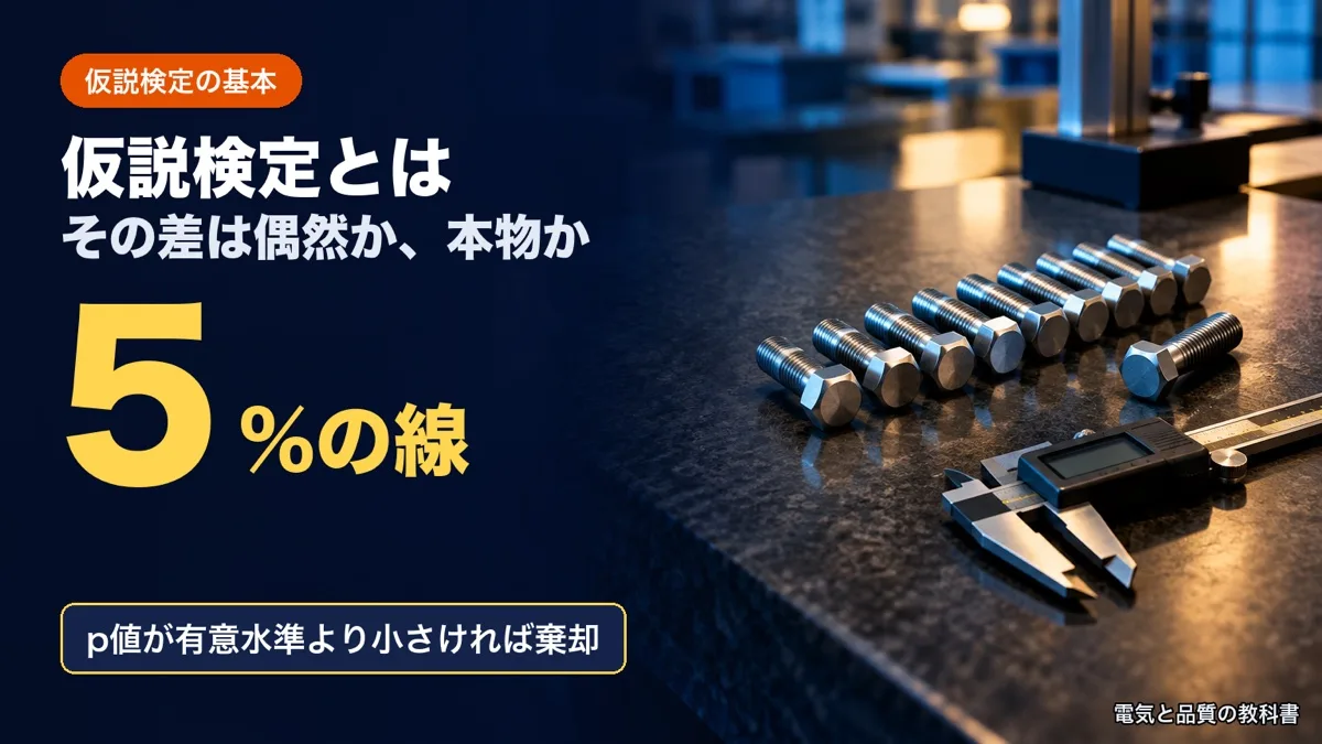 仮説検定の記事のアイキャッチ。定盤の上に並んだボルトとノギスの写真に「仮説検定とは 5%の線」の文字