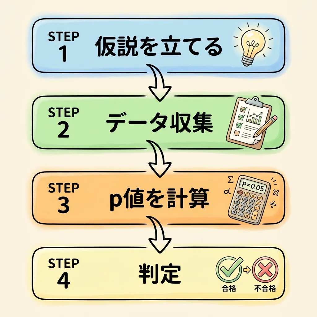 仮説検定の4ステップ。仮説を立てる、データを集める、p値を計算する、判定する