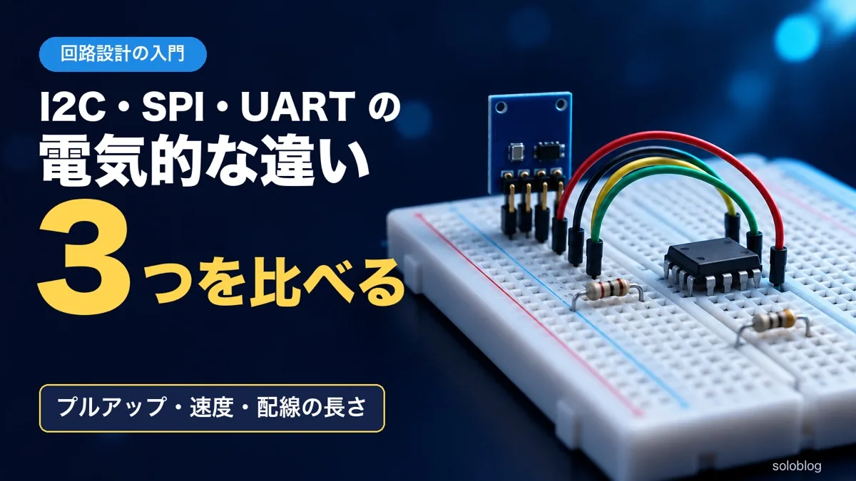 ブレッドボードの上の小さなセンサ基板・8ピンIC・抵抗とジャンパー線の写真に、I2C・SPI・UARTの電気的な違い・3つを比べる・プルアップ・速度・配線の長さの文字