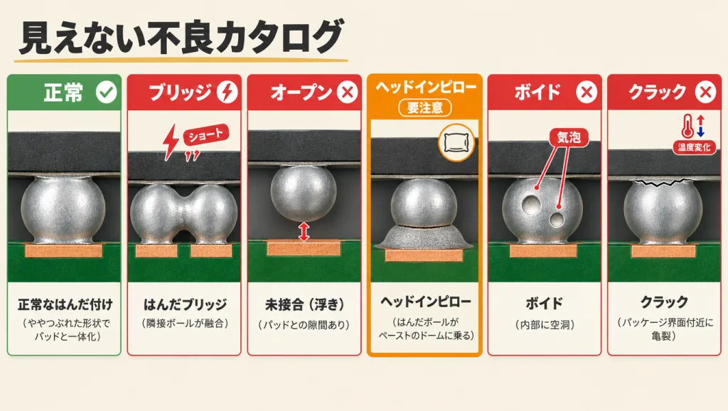 BGAの見えない不良のカタログ。正常なはんだ付けと、はんだブリッジ、オープン(未接合)、ヘッドインピロー、ボイド(気泡)、クラック(亀裂)の5つの不良