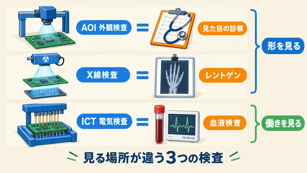 3つの検査を健康診断にたとえた図。AOI外観検査は見た目の診察、X線検査はレントゲンで形を見る。ICT電気検査は血液検査で働きを見る