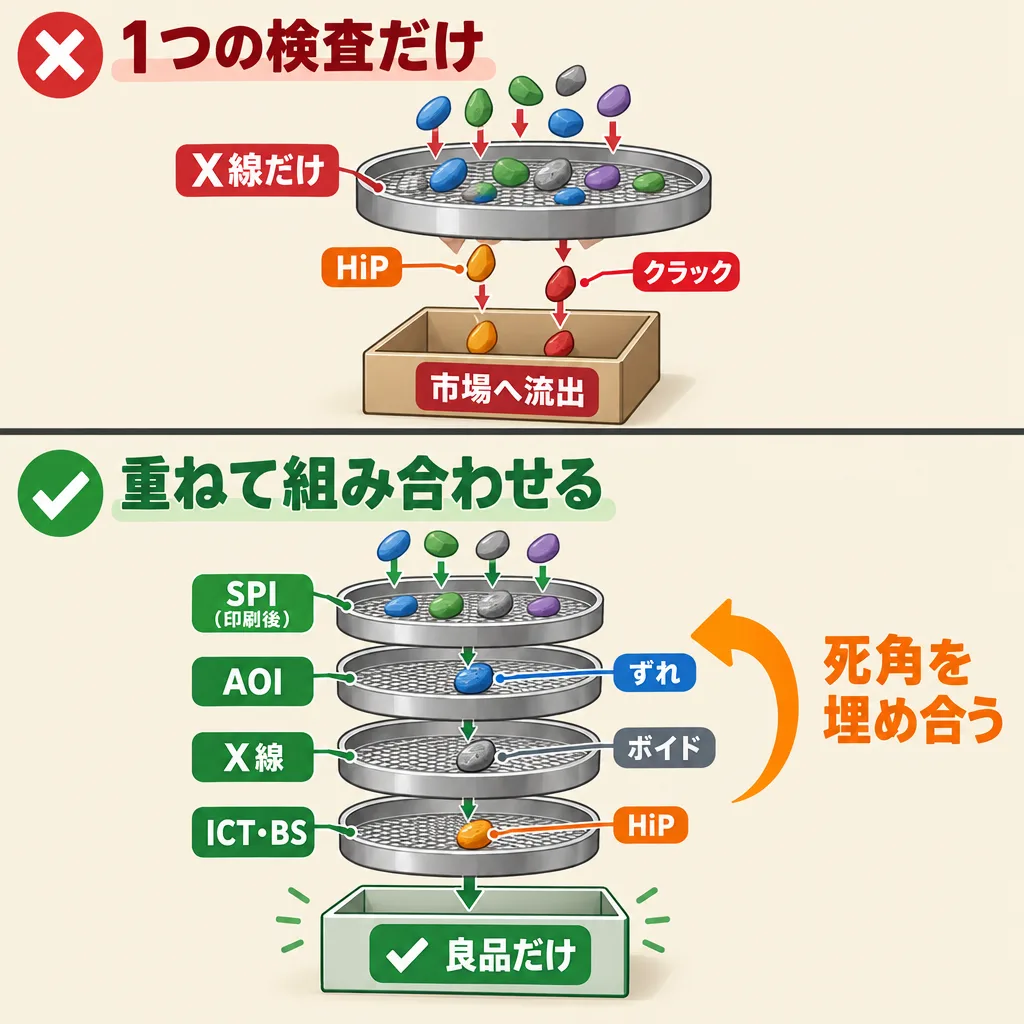 検査の組み合わせ方の図。X線だけではヘッドインピローやクラックが市場へ流出する。SPI・AOI・X線・ICT/BSをふるいのように重ねると、ずれ・ボイド・ヘッドインピローを死角なく取り除ける