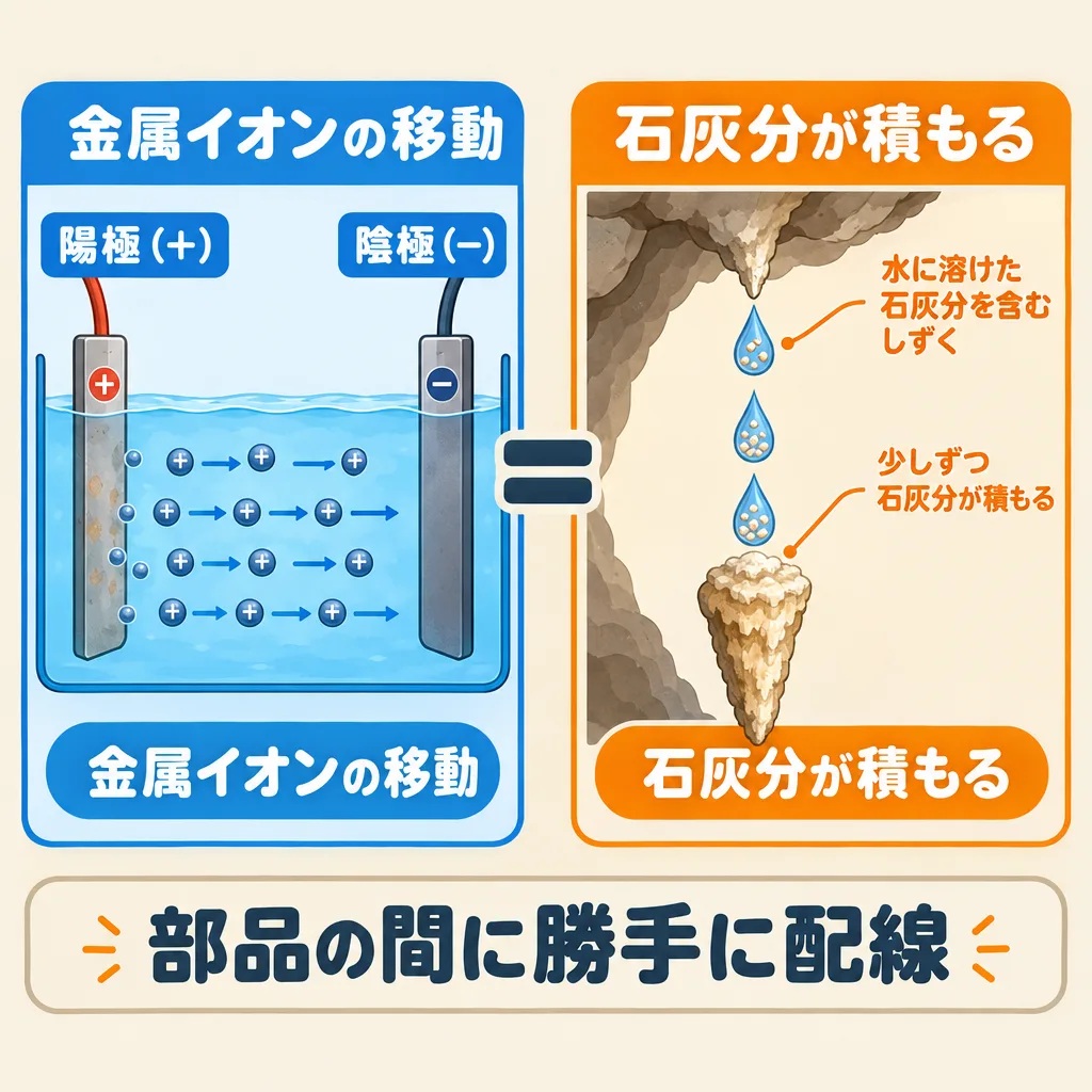 イオンマイグレーションのイメージ図。水中で陽極(+)から溶けた金属イオンが陰極(−)へ移動する様子を、しずくの石灰分が少しずつ積もって鍾乳石になるのにたとえ、部品の間に勝手に配線ができる
