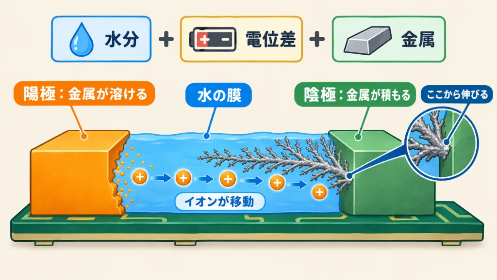 イオンマイグレーションの3条件と仕組みの図。水分・電位差・金属がそろうと、陽極で金属が溶け、水の膜の中をイオンが移動し、陰極で金属が積もって陰極から樹枝状に伸びる