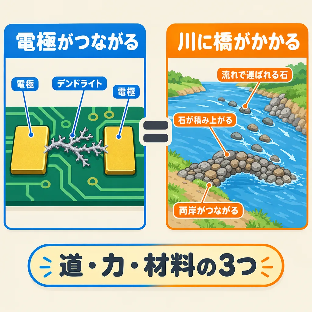 デンドライトで電極がつながる様子を川の橋にたとえた図。流れで運ばれた石が積み上がって両岸がつながるように、デンドライトが電極間をつないで短絡する。道・力・材料の3つがそろうと起きる