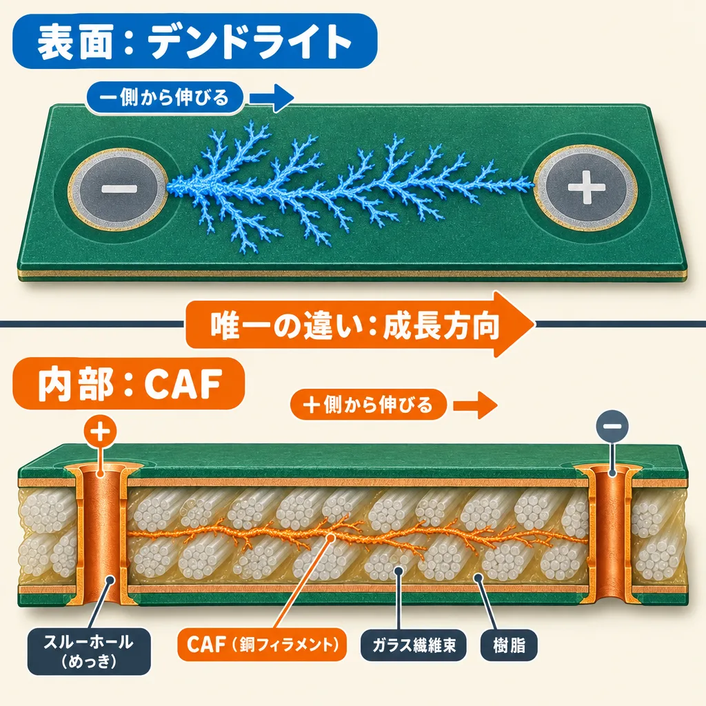 デンドライトとCAFの比較図。表面のデンドライトは−側から伸び、基板内部のCAF(銅フィラメント)はスルーホールの+側からガラス繊維束に沿って伸びる。違いは成長方向