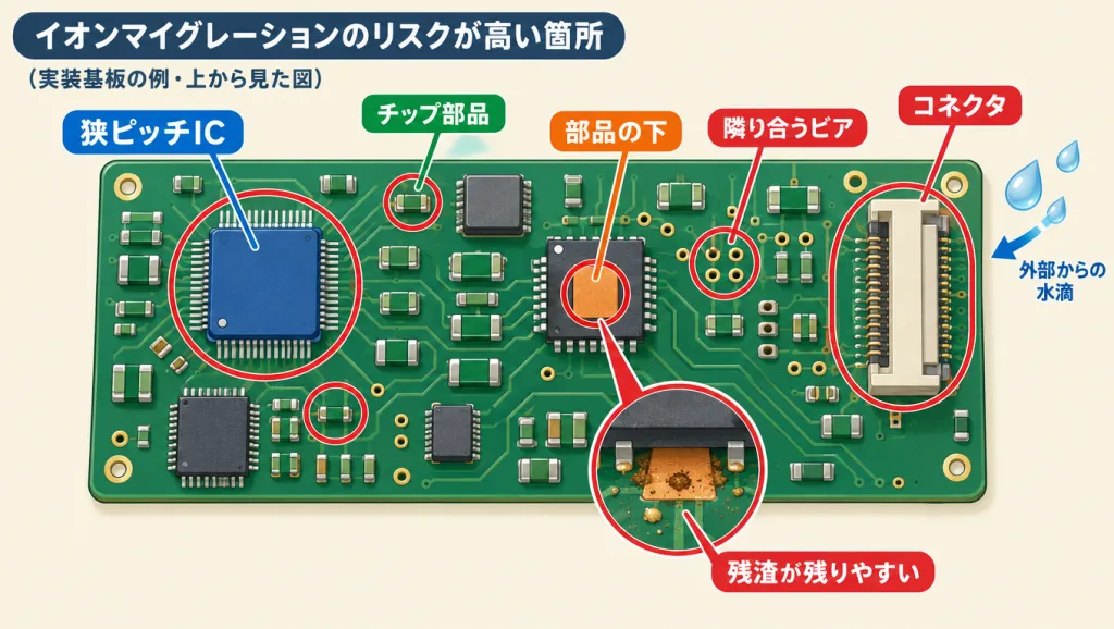 イオンマイグレーションのリスクが高い箇所の図(実装基板の上面)。狭ピッチIC、チップ部品、部品の下(残渣が残りやすい)、隣り合うビア、外部から水滴が入るコネクタ
