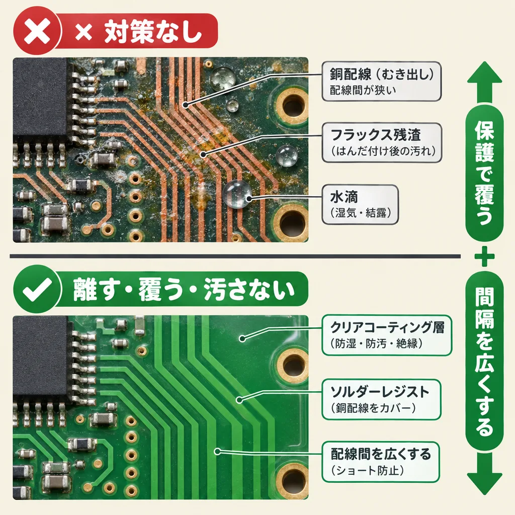 イオンマイグレーションの製造での対策の比較図。対策なしでは銅配線がむき出しで配線間が狭く、フラックス残渣や水滴がある。離す・覆う・汚さないとして、クリアコーティング、ソルダーレジスト、配線間を広くする