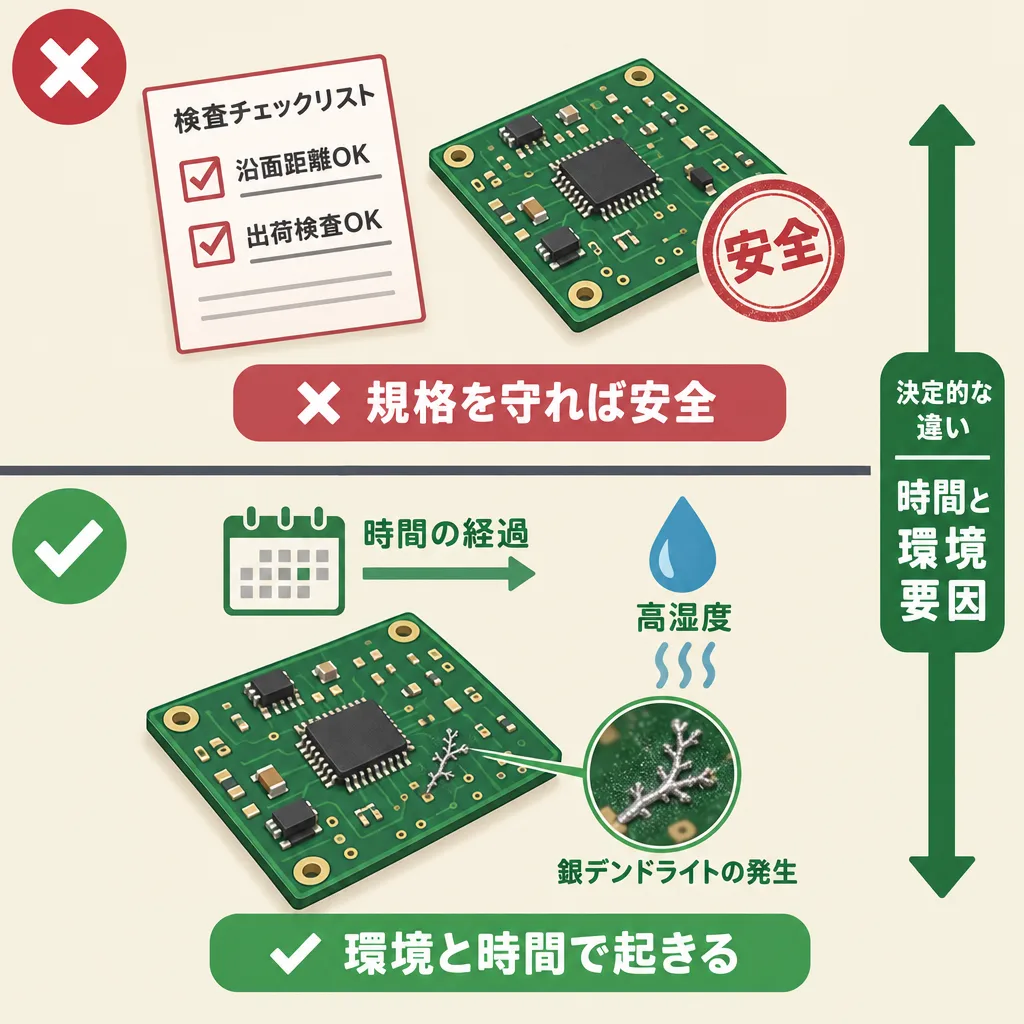 よくある誤解の図。沿面距離や出荷検査が規格をクリアしていても安全とは限らず、時間の経過と高湿度で銀デンドライトが発生する。環境と時間で起きる