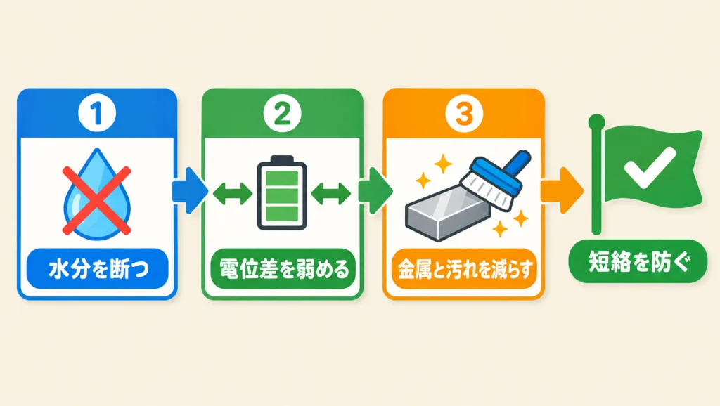 イオンマイグレーションを防ぐ3つの対策。①水分を断つ、②電位差を弱める、③金属と汚れを減らす