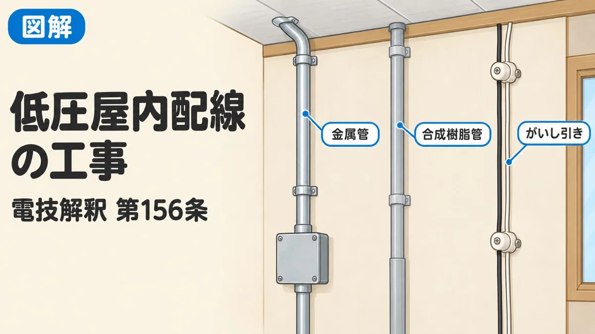 低圧屋内配線の工事を表すアイキャッチ。壁と天井に、金属管・合成樹脂管・がいし引きの配線が並んでいる