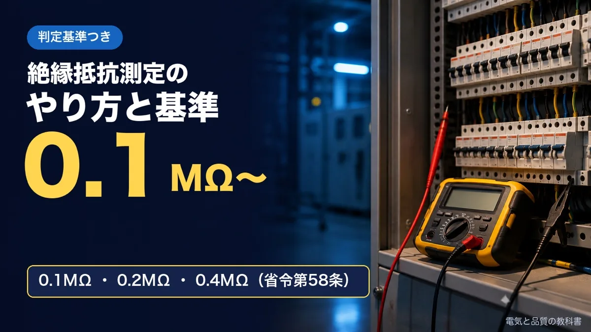 絶縁抵抗測定のアイキャッチ。分電盤の前に置いたデジタル絶縁抵抗計とリードの写真