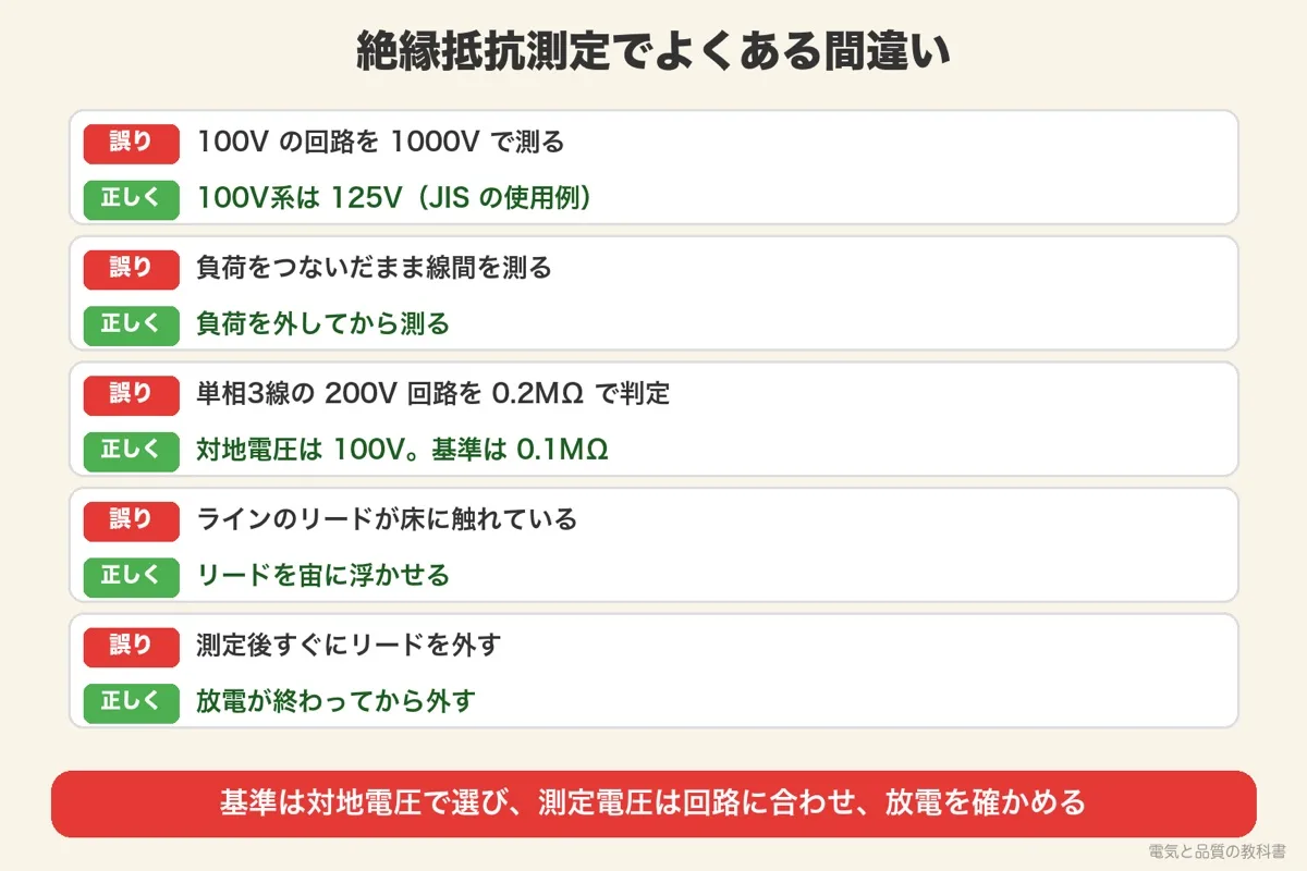 絶縁抵抗測定のよくある間違い5つ。測定電圧の選び間違い、負荷をつないだままの線間測定、対地電圧の取り違え、リードの接触、放電忘れ