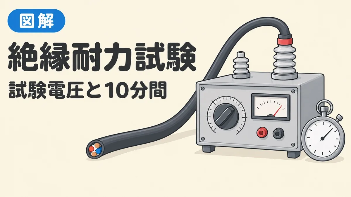 絶縁耐力試験を表すアイキャッチ。試験用変圧器から高圧ケーブルに電圧をかけ、ストップウォッチで時間を測っている