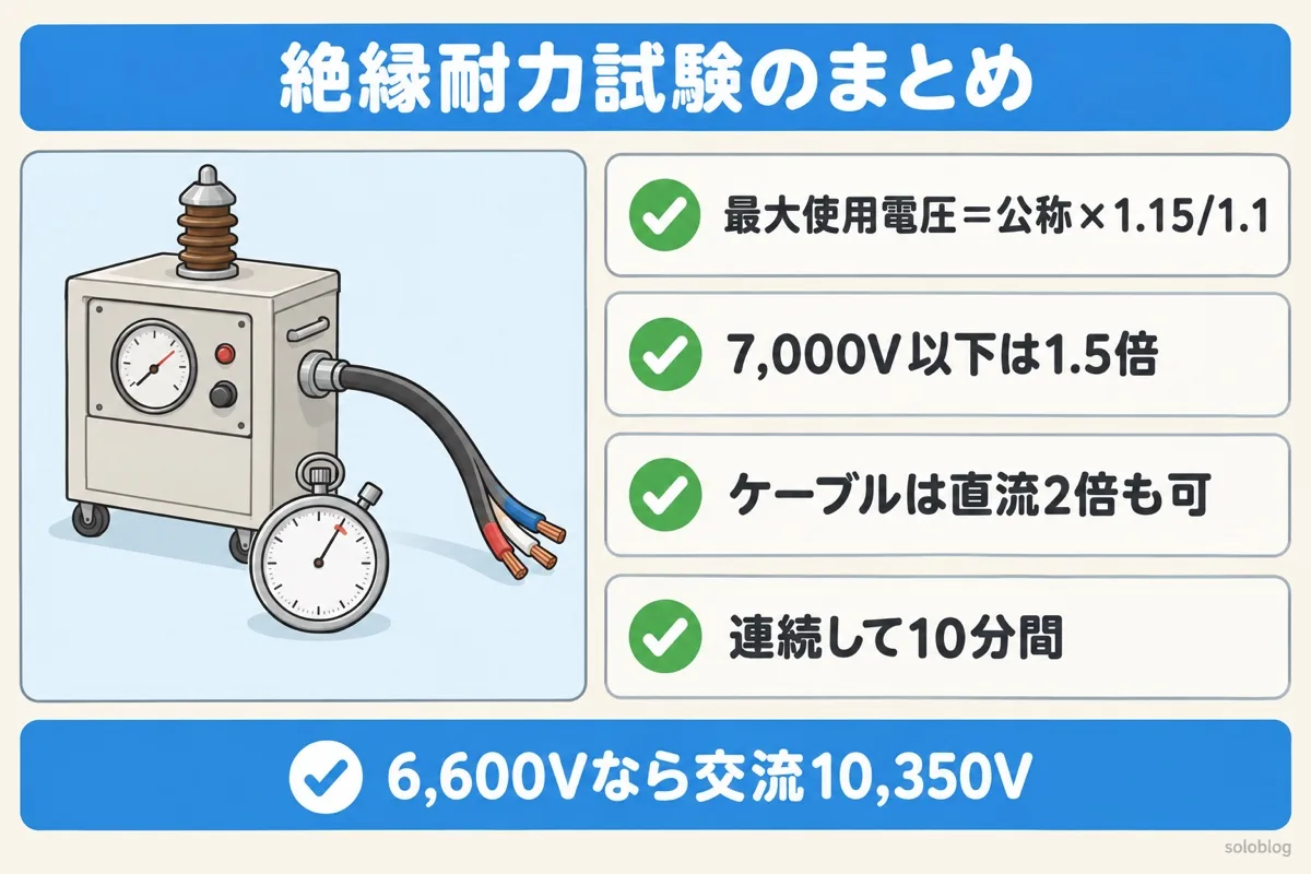 絶縁耐力試験のまとめの図。最大使用電圧は公称電圧×1.15/1.1、7,000V以下は1.5倍、ケーブルは2倍の直流でもよい、連続して10分間