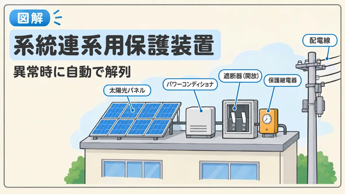 系統連系用保護装置を表すアイキャッチ。屋根の太陽光発電と配電線の間の遮断器が開いて切り離されている