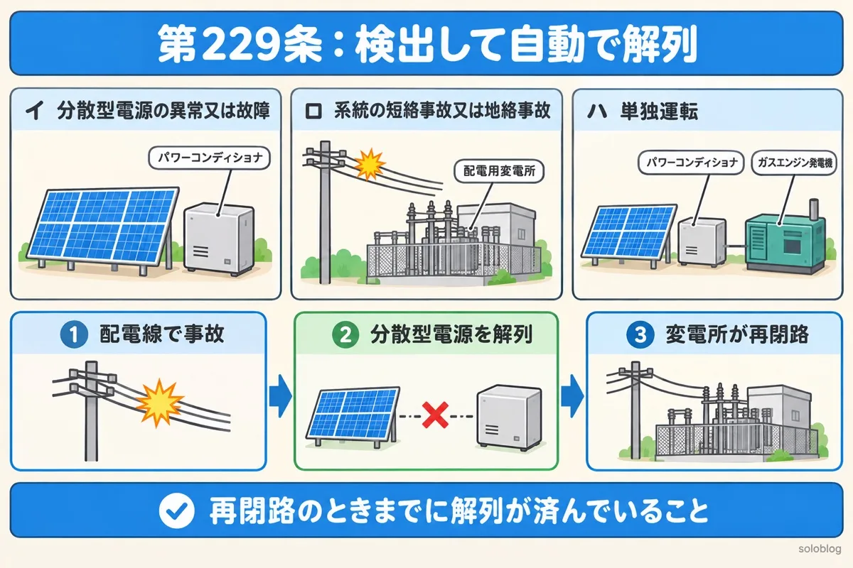 第229条で検出する異常の図。分散型電源の異常又は故障、系統の短絡事故又は地絡事故、単独運転の3つ。配電線の事故のあと、分散型電源を解列してから変電所が再閉路する