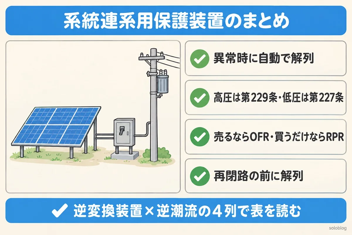 系統連系用保護装置のまとめの図。異常時に自動で解列する、高圧は第229条で低圧は第227条、逆潮流有りは周波数上昇リレーで逆潮流無しは逆電力リレー、再閉路の前に解列する