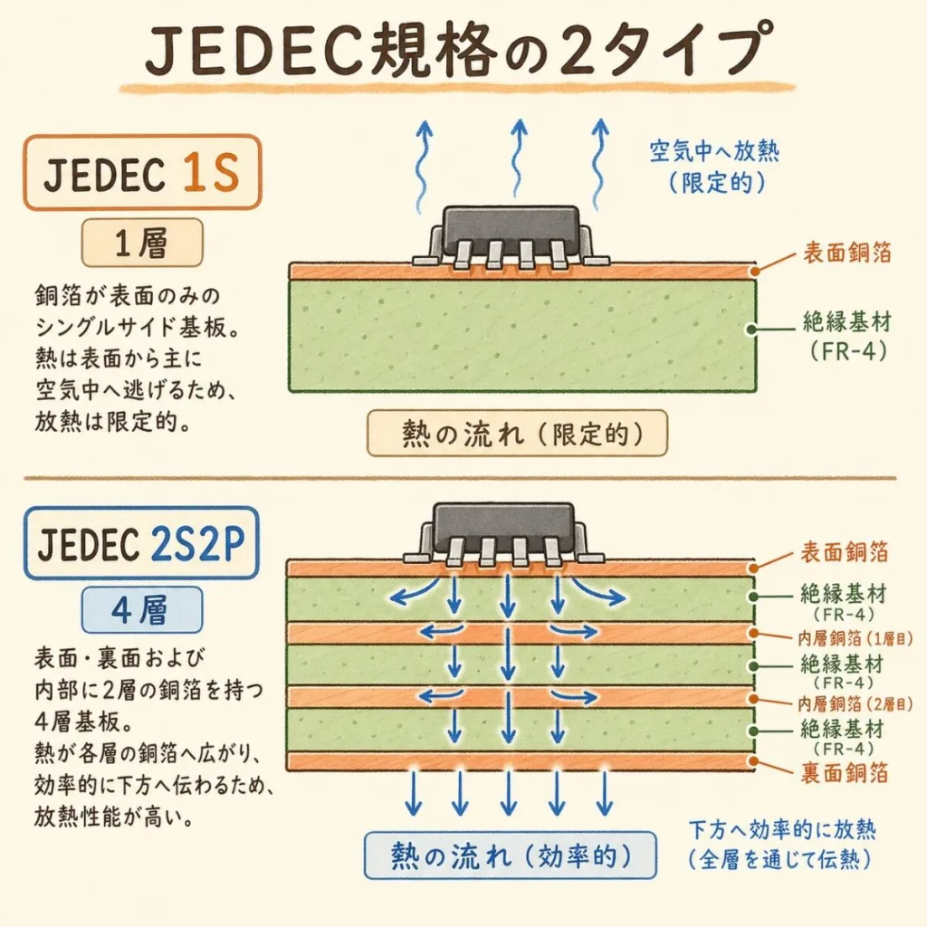 JEDEC規格の熱抵抗測定基板の2タイプ。1Sは銅箔が表面だけの1層、2S2Pは内層に2層の銅箔を持つ4層基板で放熱性が高い